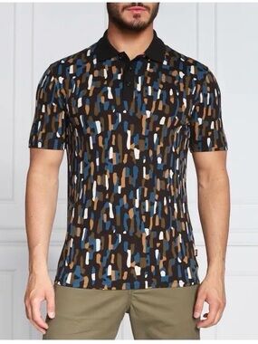 2025 BOSS Orange slim-fit polo shirt all-over multicolored paint stroke black XL